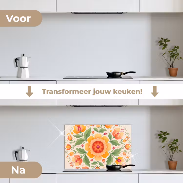 Bloemen - Patroon - Decoratief - Oranje keuken achterwand spatscherm klein -voor_na_NL