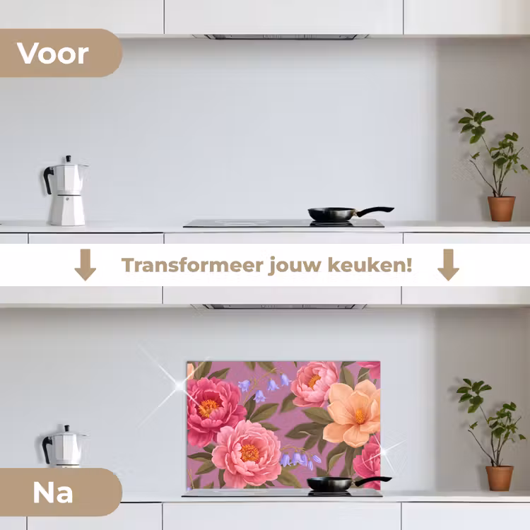 Bloemen - Patroon - Illustratie - Roze keuken achterwand spatscherm klein -voor_na_NL