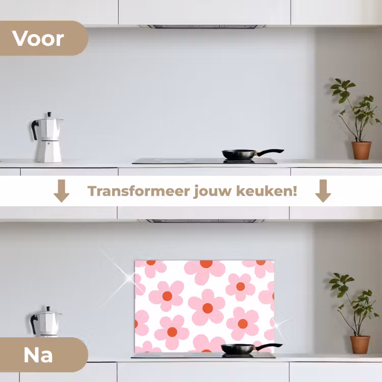Bloemen - Patroon - Modern - Roze - Wit keuken achterwand spatscherm klein -voor_na_NL
