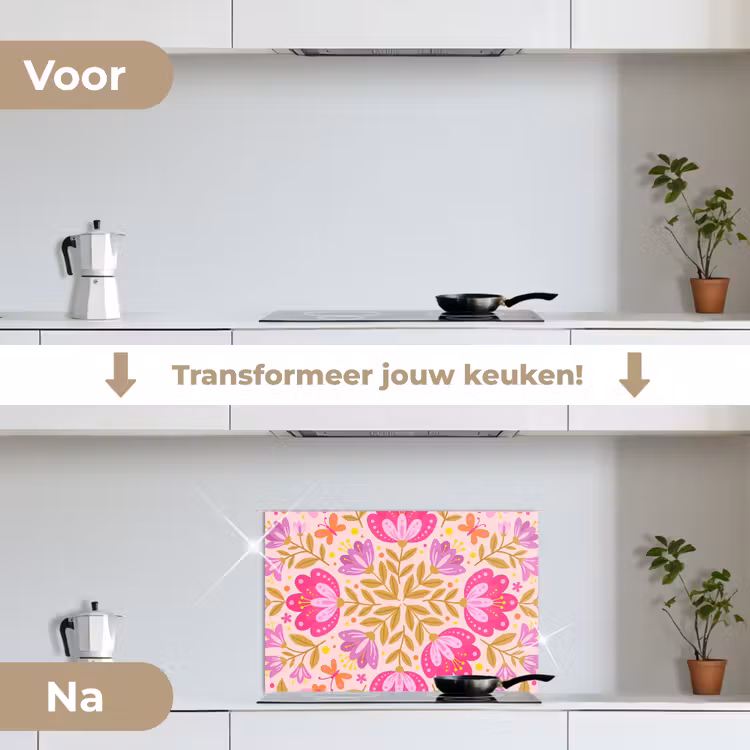 Bloemen - Patroon - Natuur - Abstract - Roze keuken achterwand spatscherm klein -voor_na_NL