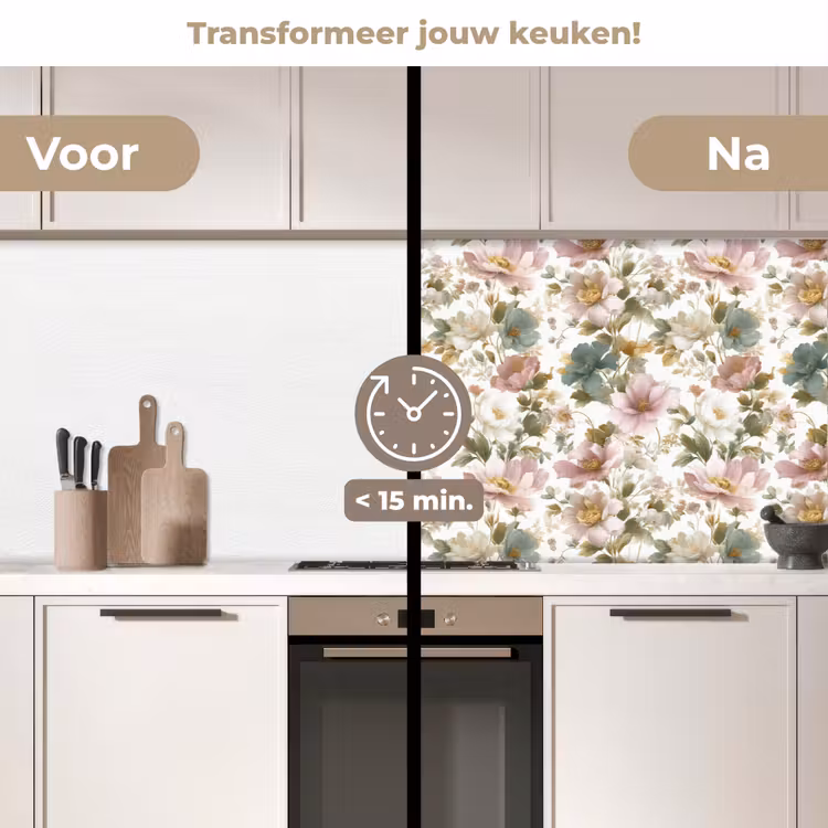 Bloemen - Patroon - Pastel keuken achterwand 2 middel 871 -voor-na2_NL