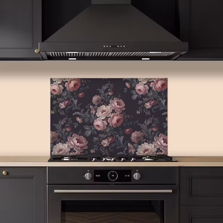 Bloemen - Patroon - Sierlijk - Roze - Donker keuken achterwand spatscherm klein -sfeer1