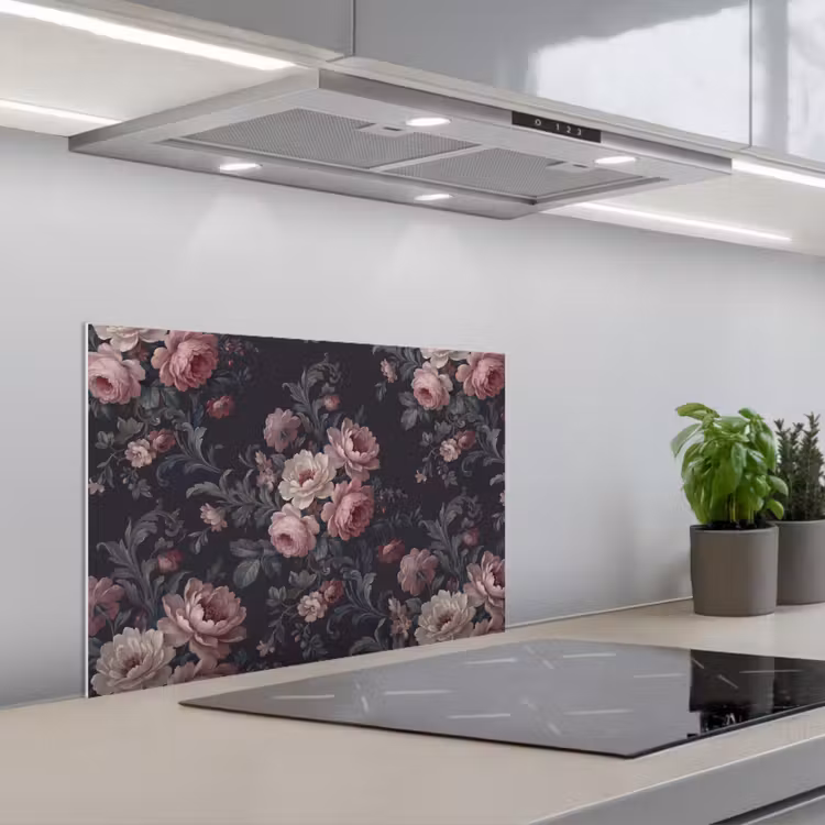 Bloemen - Patroon - Sierlijk - Roze - Donker keuken achterwand spatscherm klein -3d_schuin