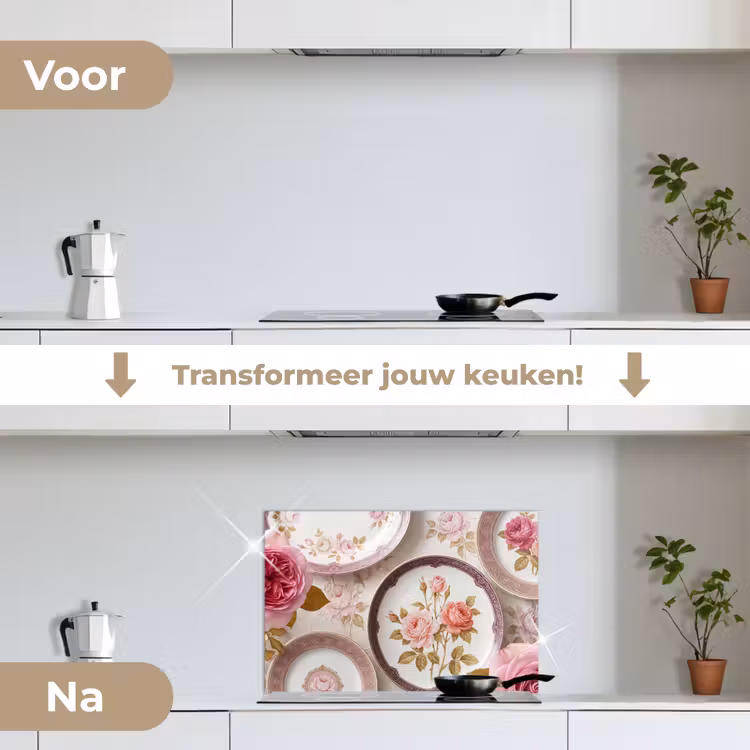 Bloemen - Patroon - Vintage - Roze - Decoratie keuken achterwand spatscherm klein -voor_na_NL