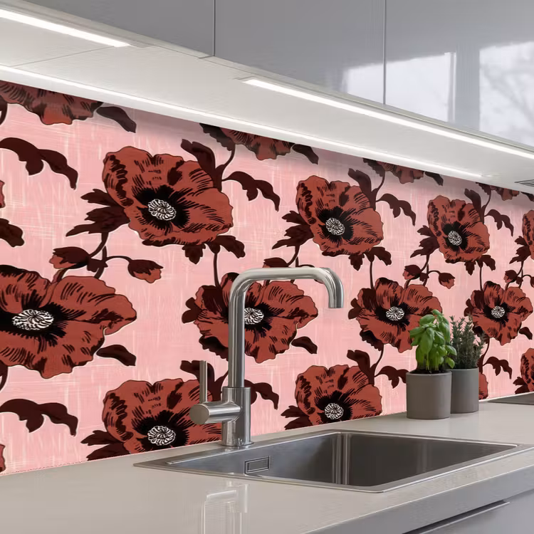 Bloemen - Retro - Rood keuken achterwand 2 middel 871 -3d_schuin
