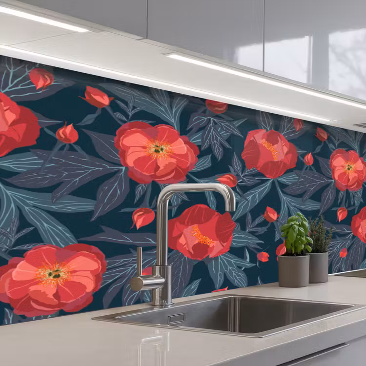 Bloemen - Rood - Bladeren - Patronen keuken achterwand 2 middel 871 -3d_schuin