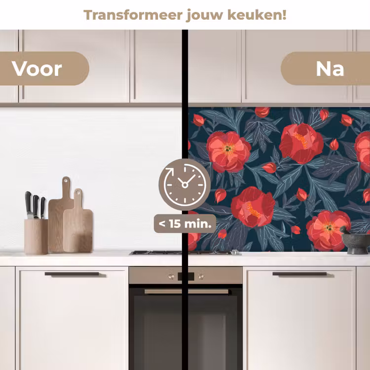 Bloemen - Rood - Bladeren - Patronen keuken achterwand 2 middel 871 -voor-na2_NL