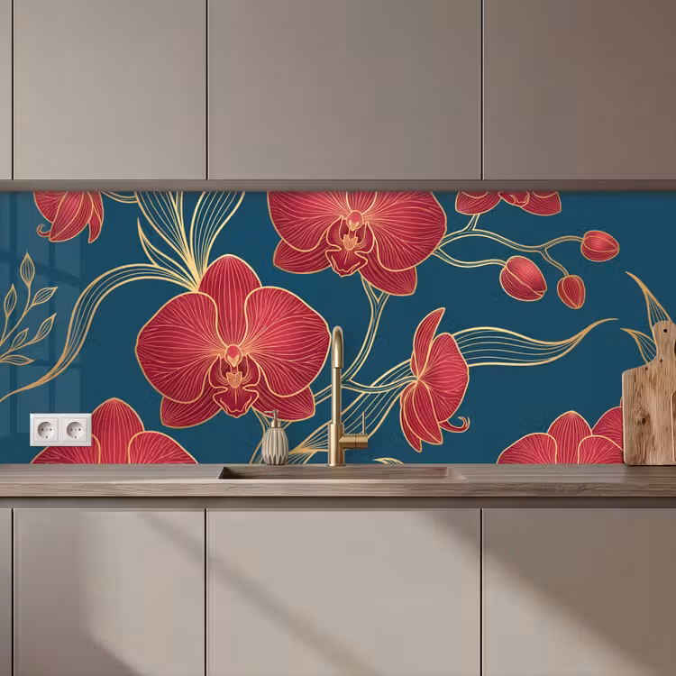 Keuken achterwand - Bloemen - Rood - Goud - Bloemen - Rood - Goud keuken achterwand 2 middel zz_3dshopping