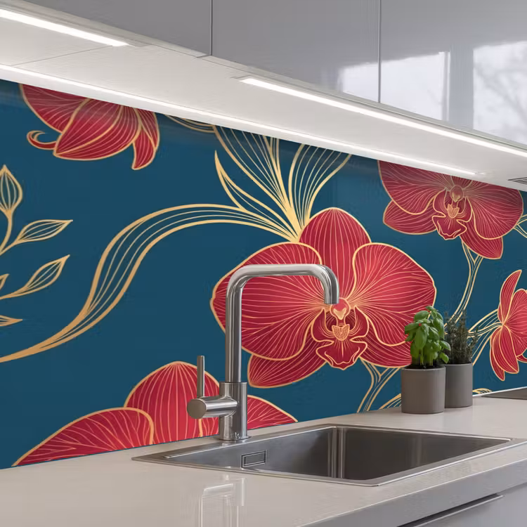 Keuken achterwand - Bloemen - Rood - Goud - Bloemen - Rood - Goud keuken achterwand 2 middel