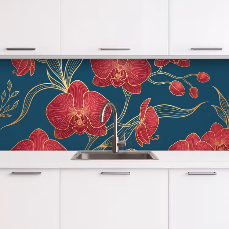 Keuken achterwand - Bloemen - Rood - Goud - Bloemen - Rood - Goud keuken achterwand 2 middel