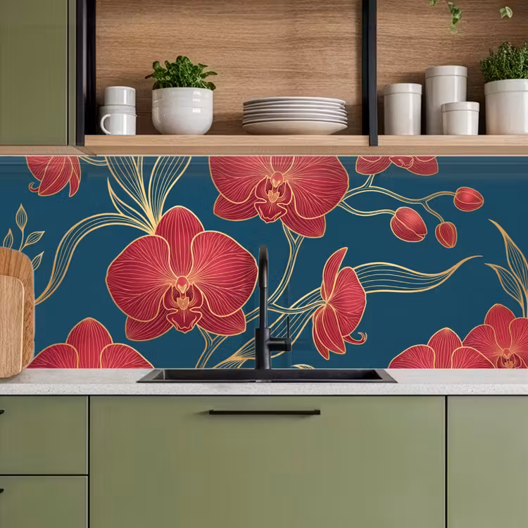 Keuken achterwand - Bloemen - Rood - Goud - Bloemen - Rood - Goud keuken achterwand 2 middel