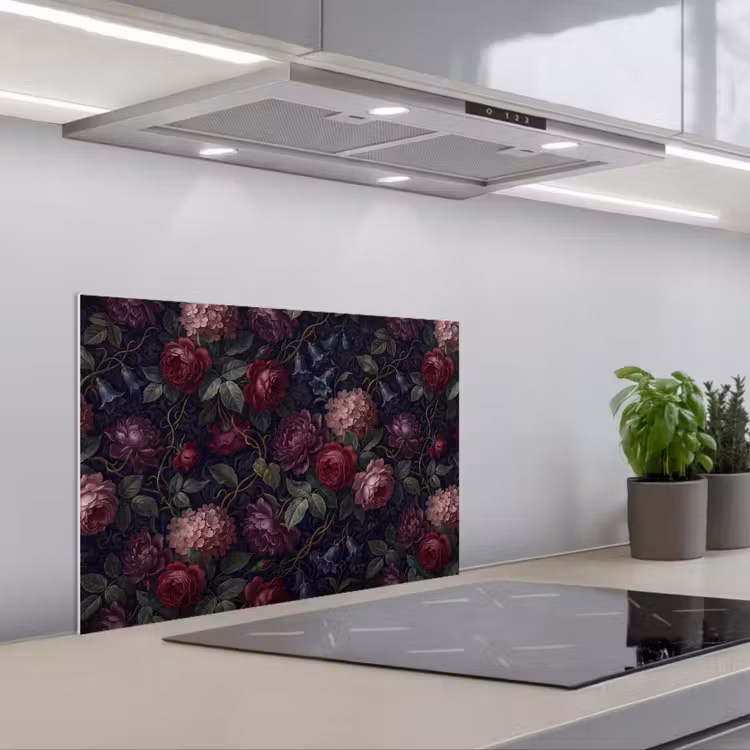 Bloemen - Rood - Klassiek - Donker - Patroon keuken achterwand spatscherm klein -3d_schuin