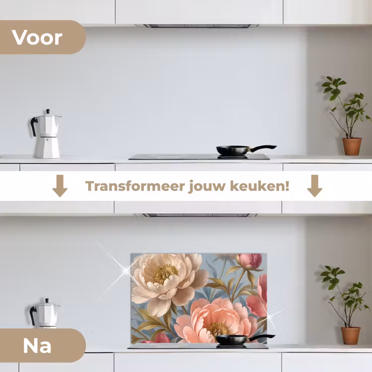 Bloemen - Roze - Beige - Modern - Natuur keuken achterwand spatscherm klein -voor_na_NL