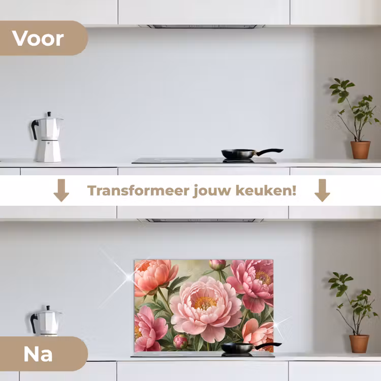 Bloemen - Roze - Klassiek - Gedetailleerd - Natuur keuken achterwand spatscherm klein -voor_na_NL
