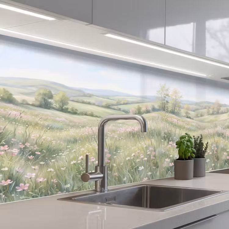 Bloemen veld - Bloemen - Groen keuken achterwand 2 middel -3d_schuin