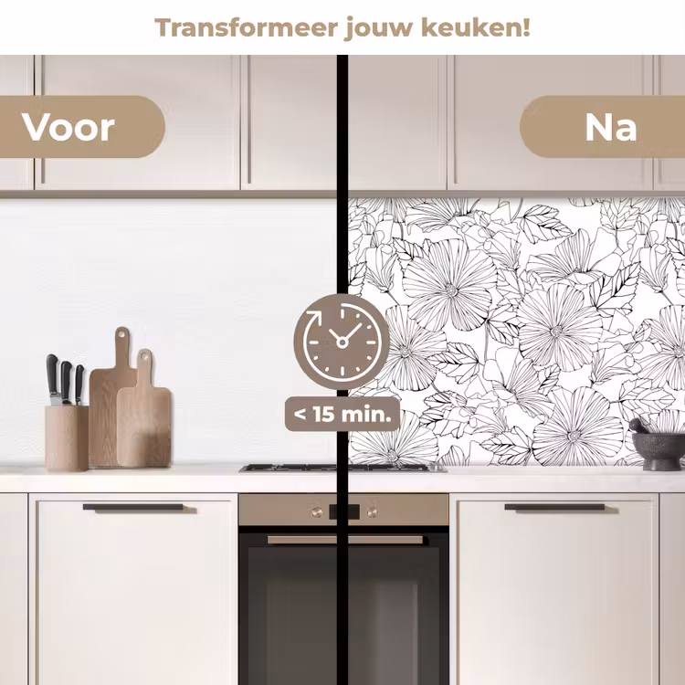 Bloemen - Zwart - Wit - Design - Flora keuken achterwand 2 middel 871 -voor-na2_NL
