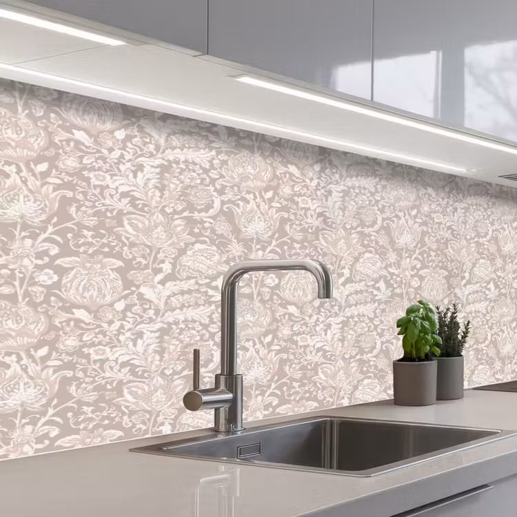 Bloemenprint - Grijs - Crème keuken achterwand 2 middel 871 -3d_schuin