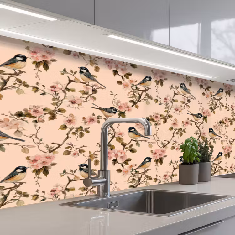 Bloesem - Koolmees - Roze keuken achterwand 2 middel 871 -3d_schuin