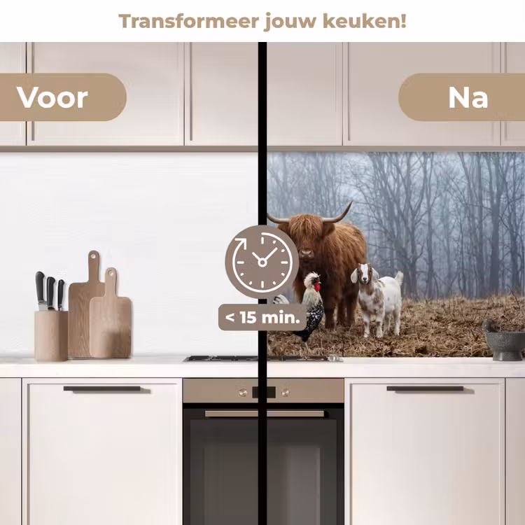 Boerderijdieren - Groep - Mist - Natuur - Rustiek keuken achterwand 2 middel -voor-na2_NL