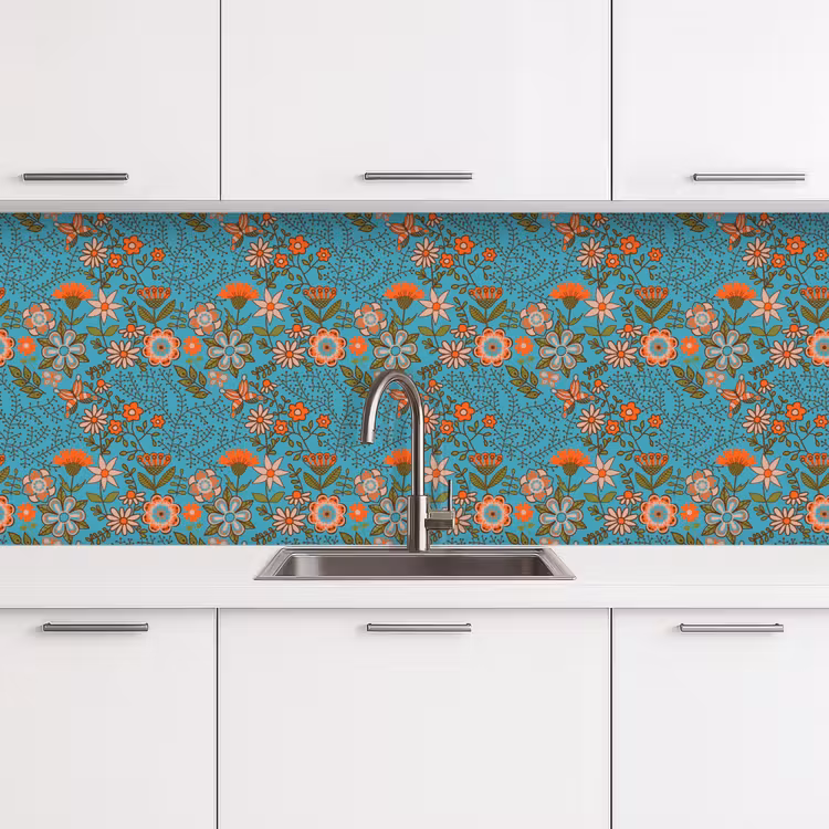 Bohemian - Bloemen - Oranje - Retro - Design keuken achterwand 2 middel 871 -3d