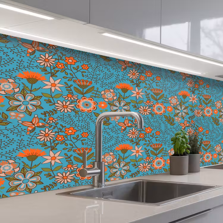 Bohemian - Bloemen - Oranje - Retro - Design keuken achterwand 2 middel 871 -3d_schuin