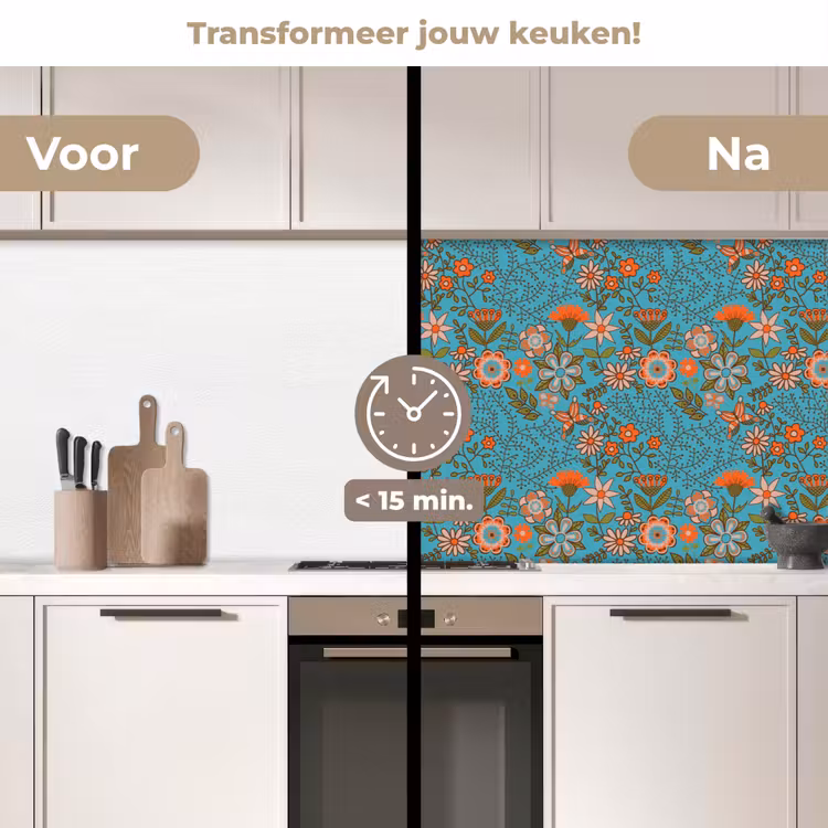 Bohemian - Bloemen - Oranje - Retro - Design keuken achterwand 2 middel 871 -voor-na2_NL