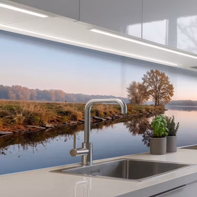 Bomen - Reflectie - Water - Zonsopgang - Serene keuken achterwand 2 middel -3d_schuin