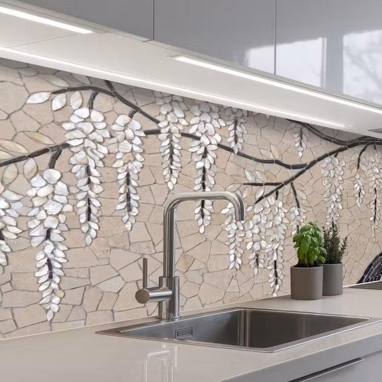 Boom - Bloemen - Mozaïek - Kunst - Wit keuken achterwand 2 middel -3d_schuin