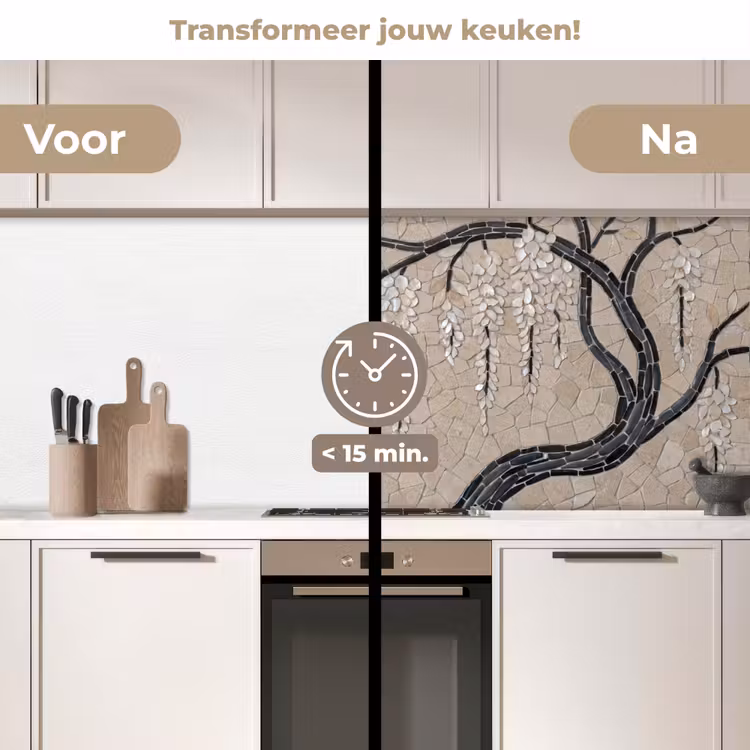 Boom - Bloemen - Mozaïek - Kunst - Wit keuken achterwand 2 middel -voor-na2_NL