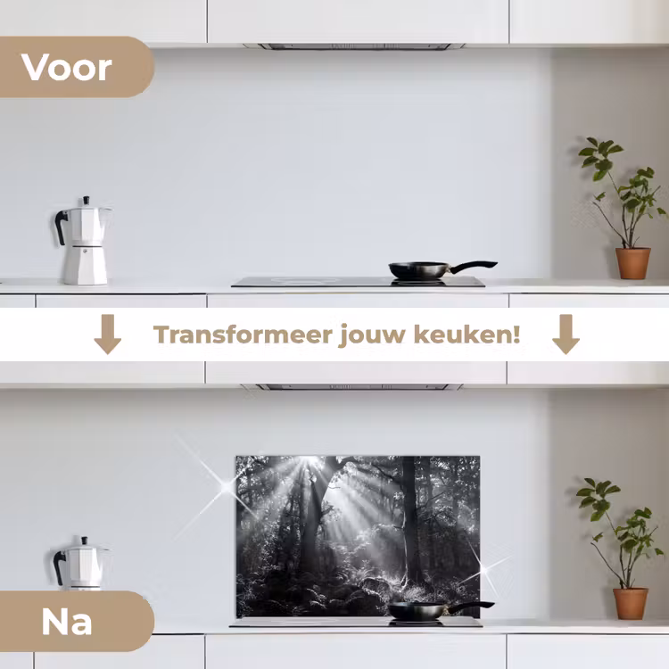 Bos - Lichtstralen - Natuur - Zwart-wit keuken achterwand spatscherm klein -voor_na_NL