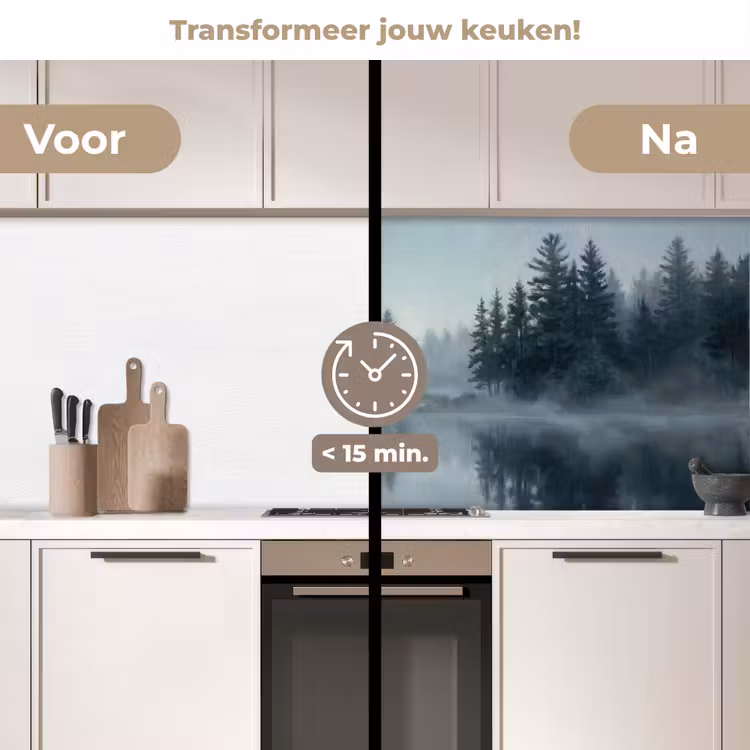 Bos - Meer - Mist - Natuur - Grijs keuken achterwand 2 middel -voor-na2_NL