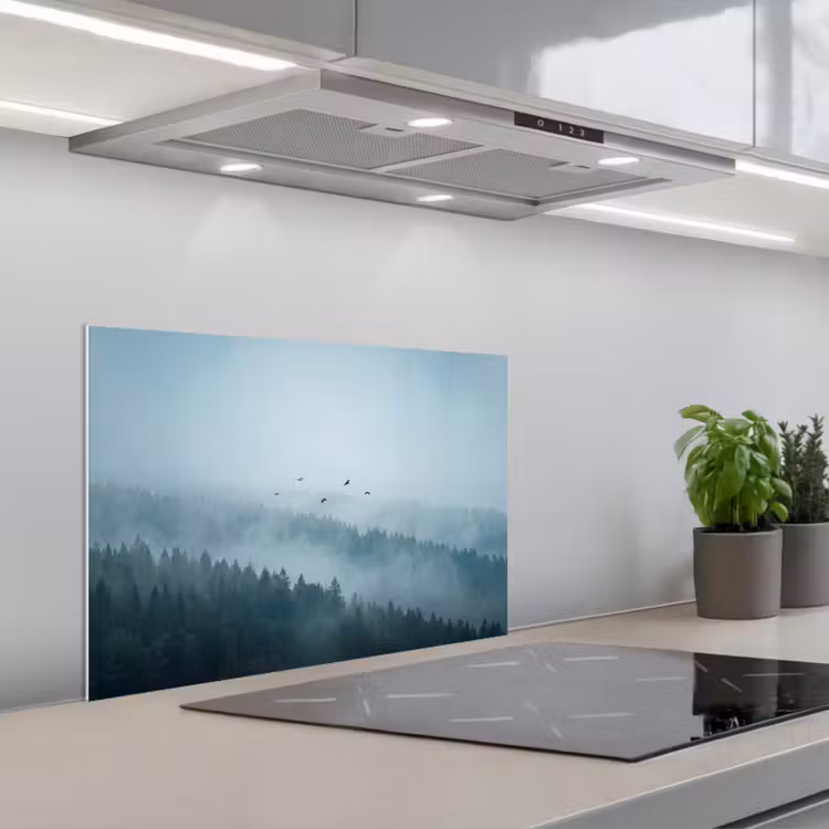 Bos - Mist - Vogels - Natuur - Groen keuken achterwand spatscherm klein -3d_schuin