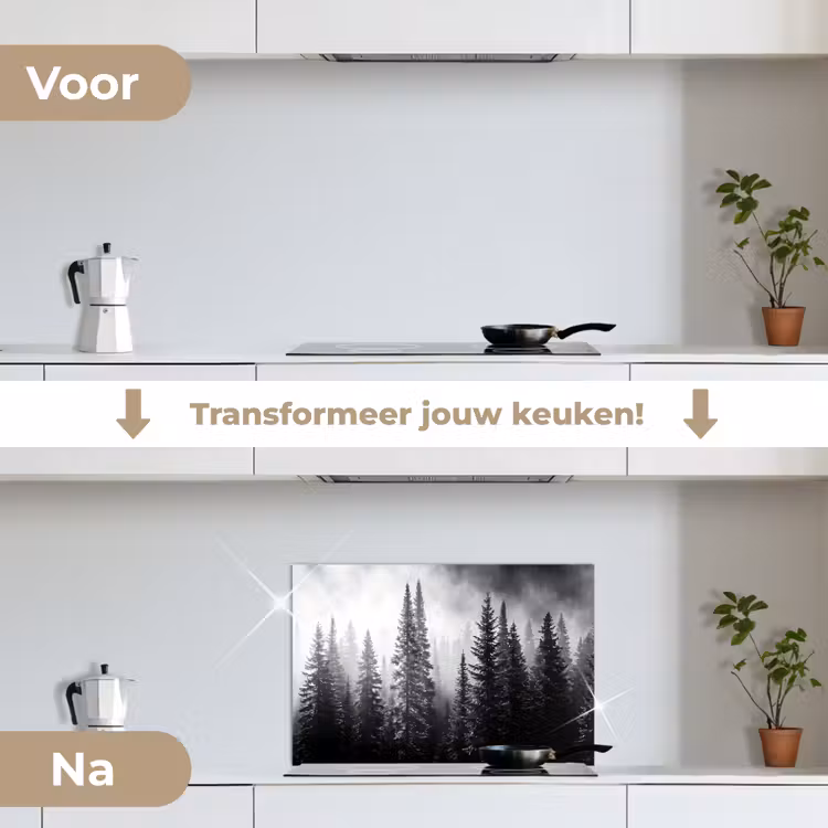 Bos - Mist - Winter - Monochroom - Natuur keuken achterwand spatscherm klein -voor_na_NL