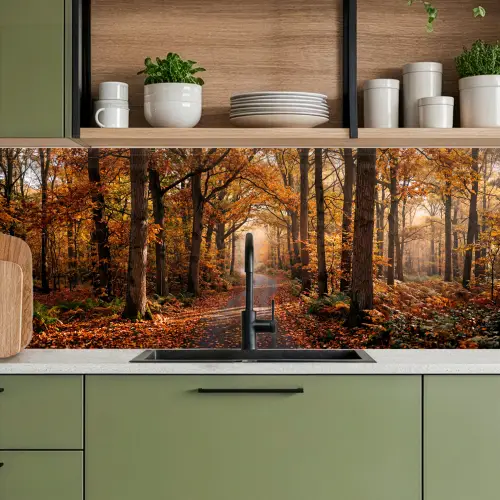 Bospad - Herfstbos - Bladeren - Oranje - Nostalgisch keuken achterwand 2 middel -sfeer3