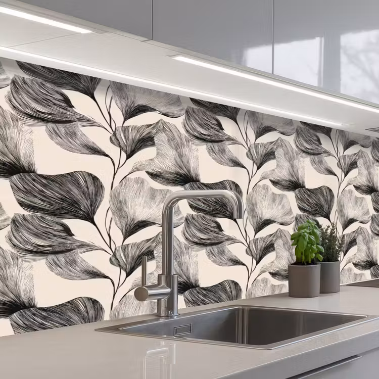 Botanisch - Bladeren - Zwart keuken achterwand 2 middel 871 -3d_schuin