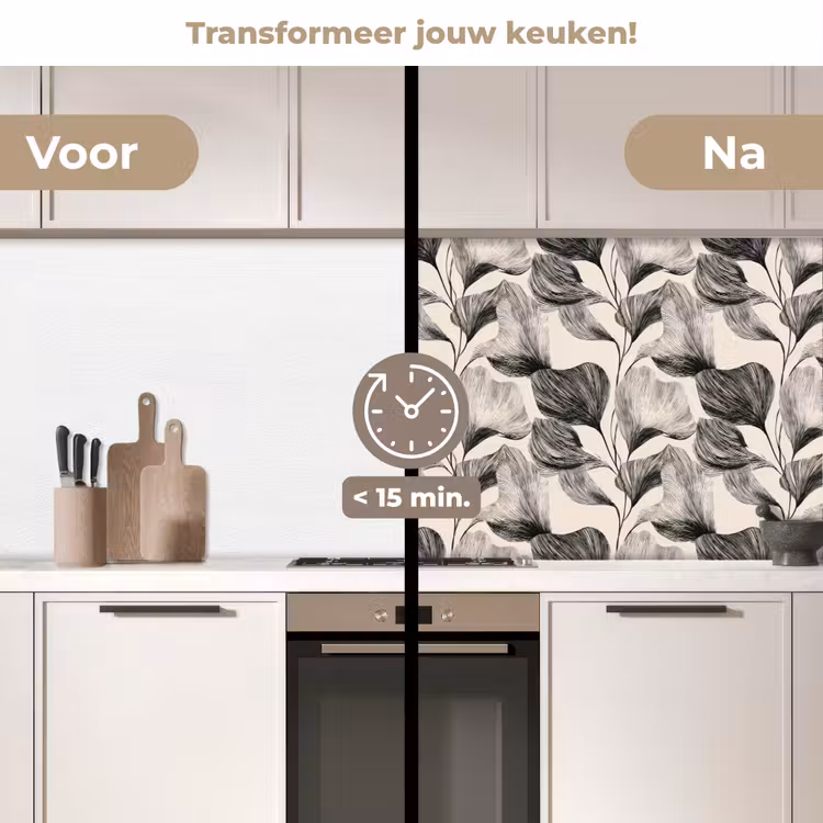 Botanisch - Bladeren - Zwart keuken achterwand 2 middel 871 -voor-na2_NL