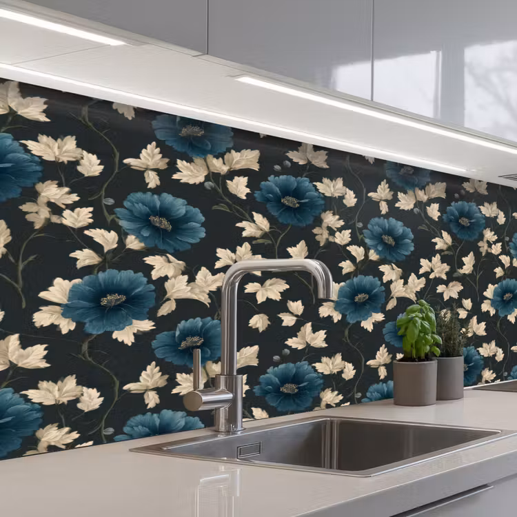 Botanisch - Bloemen - Blauw keuken achterwand 2 middel 871 -3d_schuin