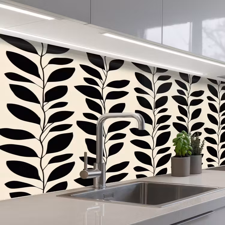 Botanisch - Dessin - Zwart - Beige keuken achterwand 2 middel 871 -3d_schuin