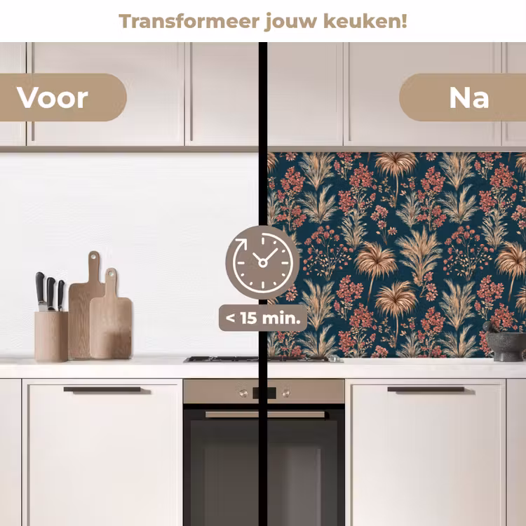 Botanisch - Patroon - Blauw keuken achterwand 2 middel 871 -voor-na2_NL