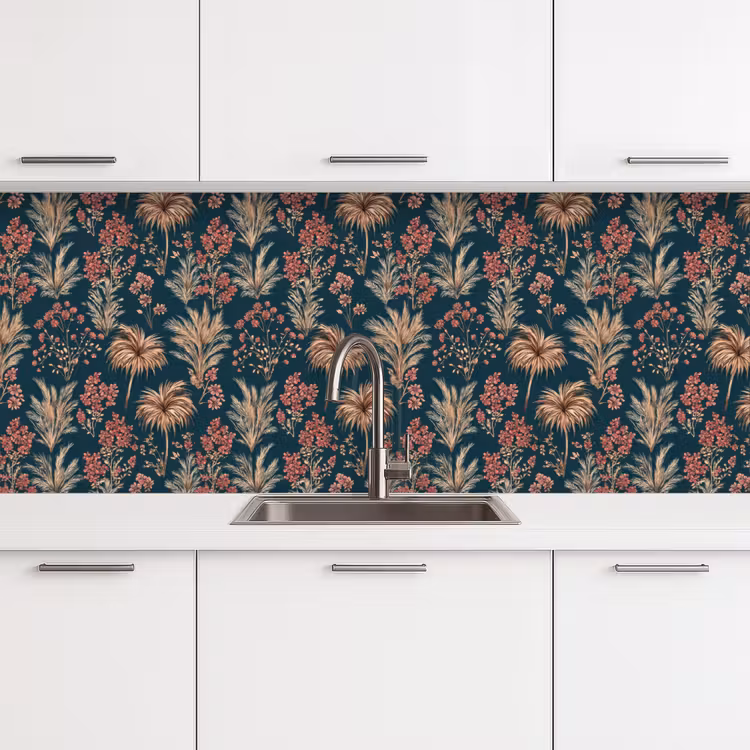 Botanisch - Patroon - Blauw keuken achterwand 2 middel 871 -3d