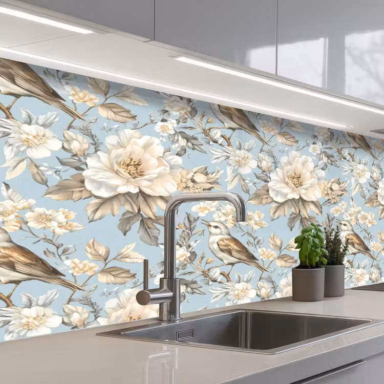 Botanisch - Zangvogel - Blauw keuken achterwand 2 middel 871 -3d_schuin