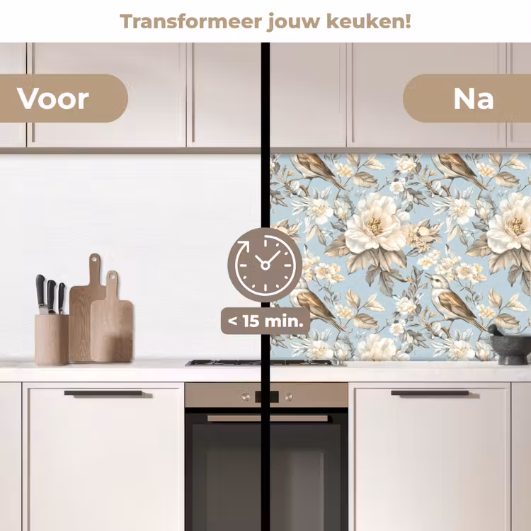 Botanisch - Zangvogel - Blauw keuken achterwand 2 middel 871 -voor-na2_NL