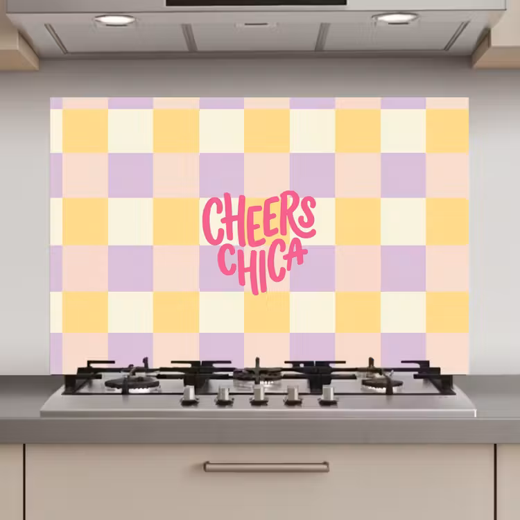 Cheers Chica - Ruitjes - Lila - Geel keuken achterwand spatscherm klein -3d_website