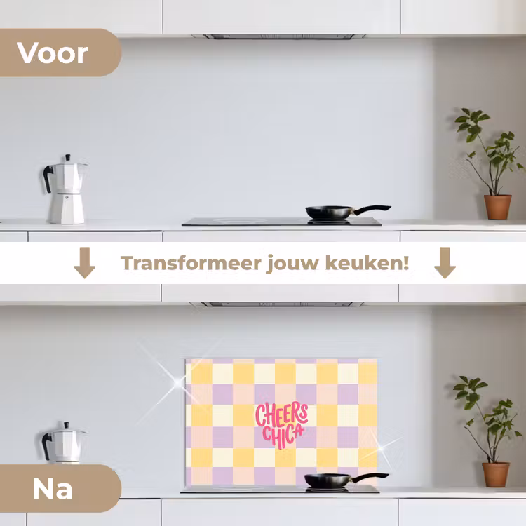 Cheers Chica - Ruitjes - Lila - Geel keuken achterwand spatscherm klein -voor_na_NL