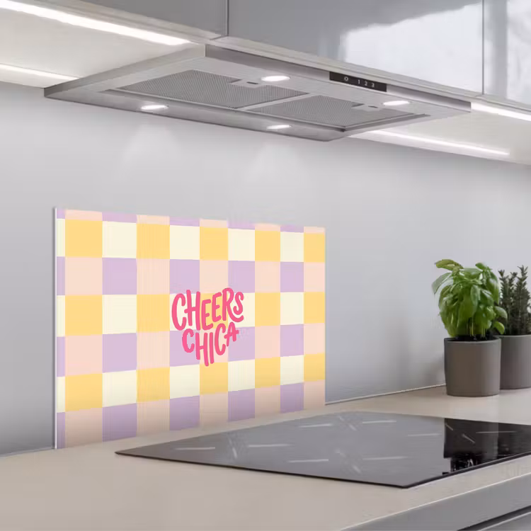 Cheers Chica - Ruitjes - Lila - Geel keuken achterwand spatscherm klein -3d_schuin