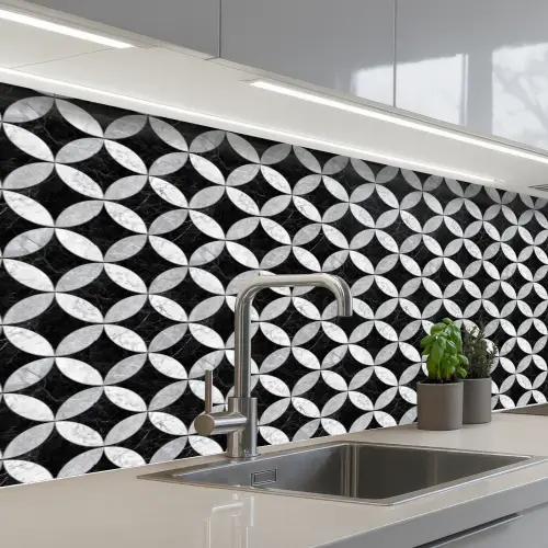 Cirkel - Tegels - Marmer - Zwart - Wit keuken achterwand 2 middel 871 -3d_schuin