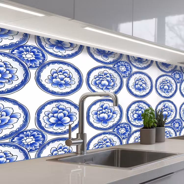 Cirkels - Bloemen - Blauw keuken achterwand 2 middel 871 -3d_schuin