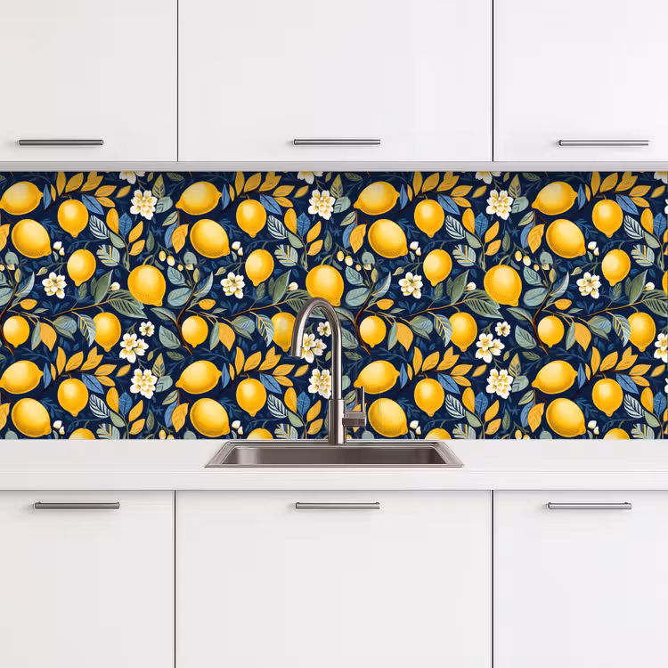 Citroenen - Bloemen - Bladeren - Blauw keuken achterwand 2 middel 871 -3d
