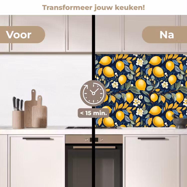 Citroenen - Bloemen - Bladeren - Blauw keuken achterwand 2 middel 871 -voor-na2_NL