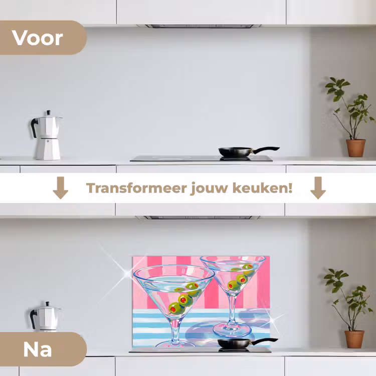 Cocktail - Olijven - Kunst - Modern - Roze keuken achterwand spatscherm klein -voor_na_NL